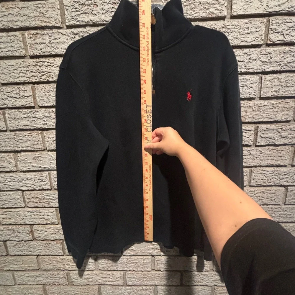 Polo Ralph Lauren Mens Quarter Zip Pullover Black Cotton Sweater Red Pony Size M